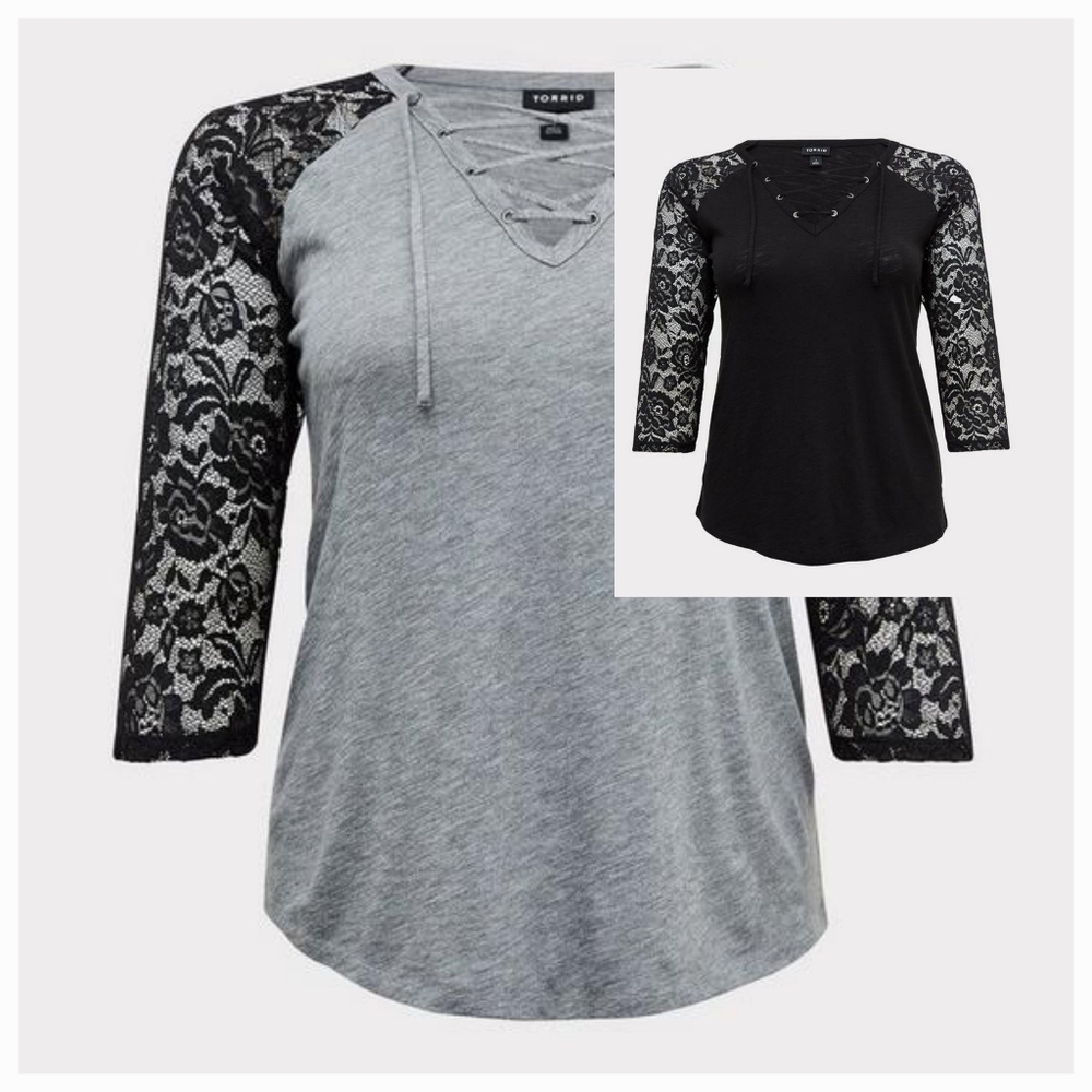 Slub V-Neck Lace-Up Lace Sleeve Top (2 Top Bundle - Gray & Black) (B1-10)